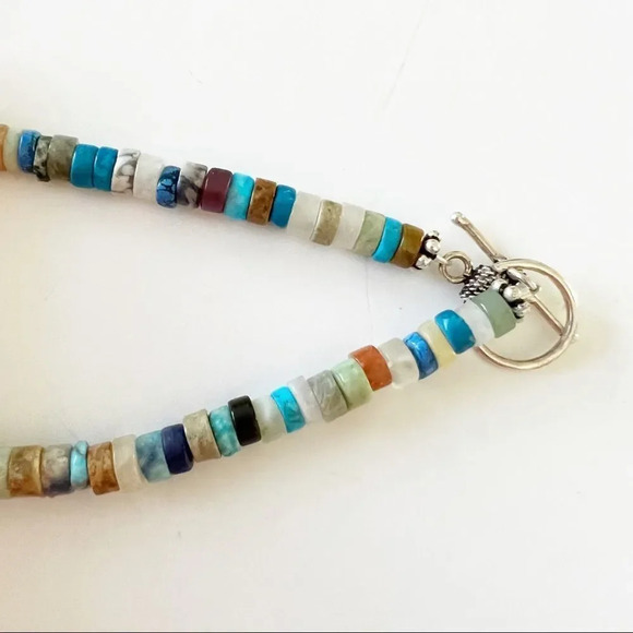 Turquoise Mixed Stone Long Necklace Tiger Eye Silver Clasp 22” - Picture 3 of 7